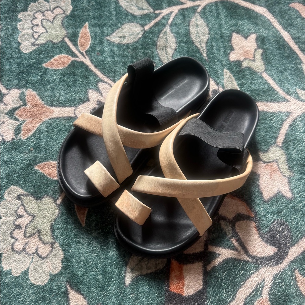 Atelier Delphine Black and Cream Slide Sandals with X-Strap